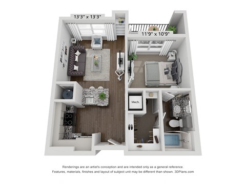 Floor plan for 1 bed, 1 bath, 593 sqft